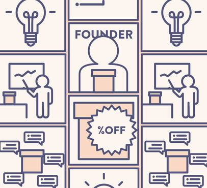 Line illustration of lightbulbs, presenters at whiteboards, speech bubbles and a %OFF starburst badge, with a figure labelled FOUNDER at a desk in the centre.