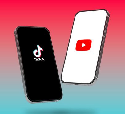 Two smartphones displaying TikTok and YouTube logos against a gradient pink and blue background.
