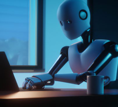 A humanoid robot with a sleek, white exterior working at a desk with a laptop, a coffee mug, and a window in a dimly lit, modern office environment.