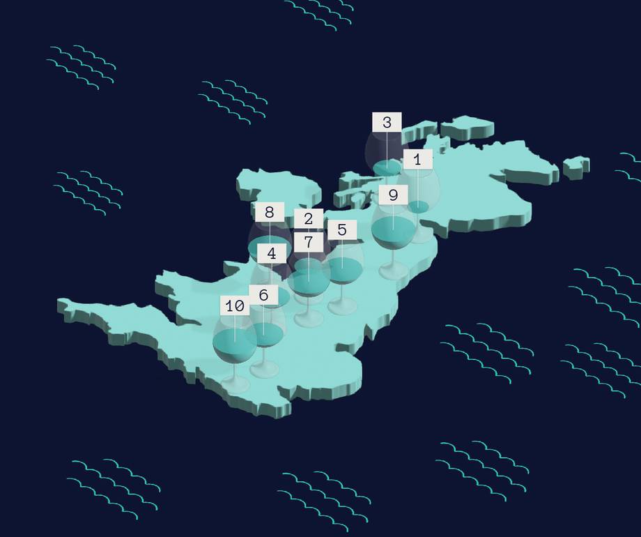 A 3D map of Ireland with numbered points marked by spheres connected by lines, set against a dark blue background with wave patterns.