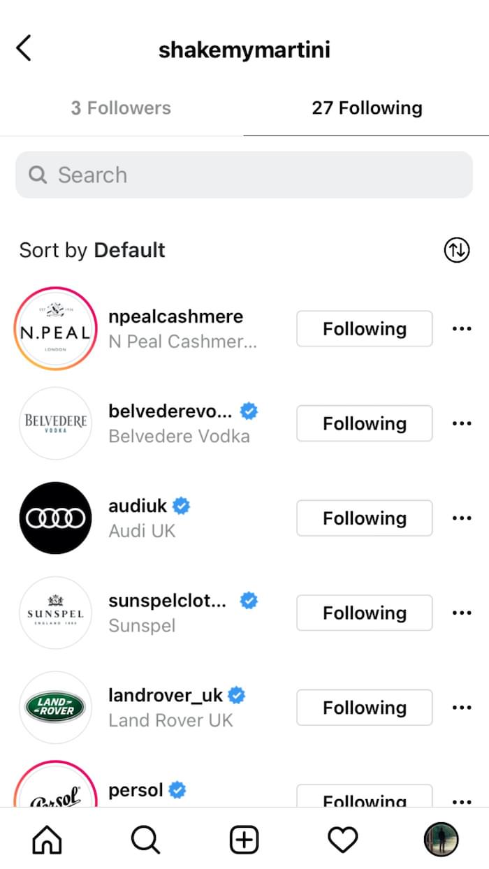 A screenshot of James Bond's following including Aston Martin and Tom Ford.