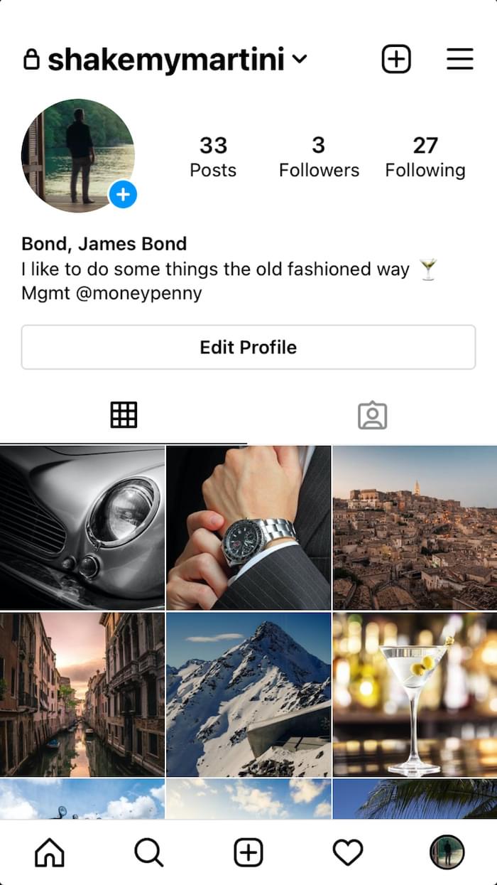 A screenshot on James Bond's instagram profile with the bio, “I like to do some things the old-fashioned way.”