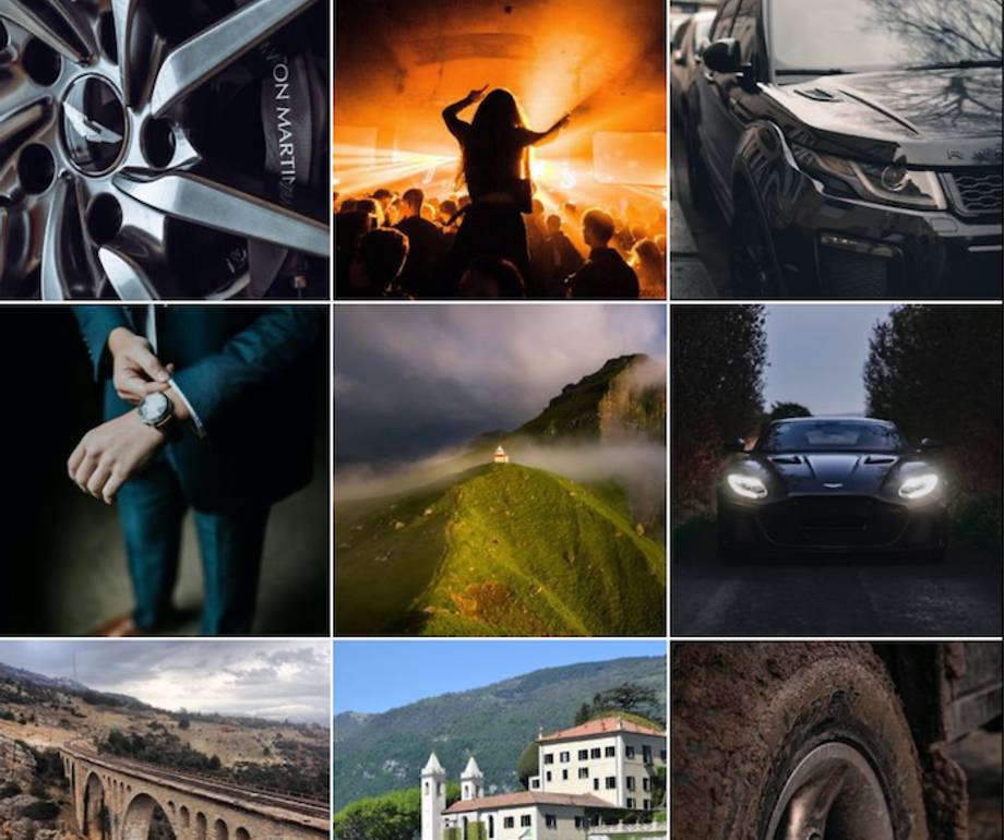 Collage of various images including cars, a concert, landscapes, architecture, and a person by the water.