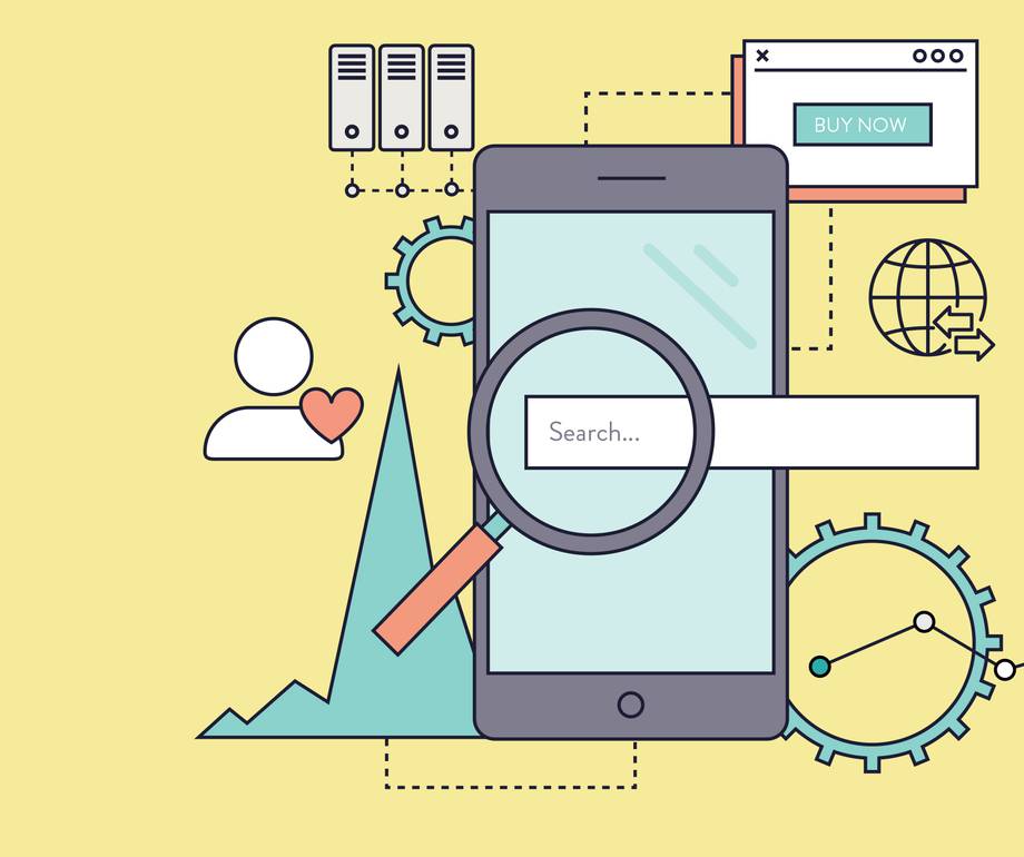 A smartphone with a search bar, surrounded by icons of gears, a globe, a calendar, a web page, and a person with a heart, symbolising online search and connectivity.