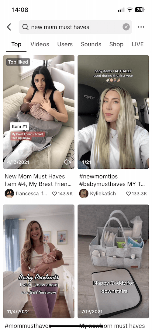 An example of high-engagement content from influencers ranking well in TikTok search.