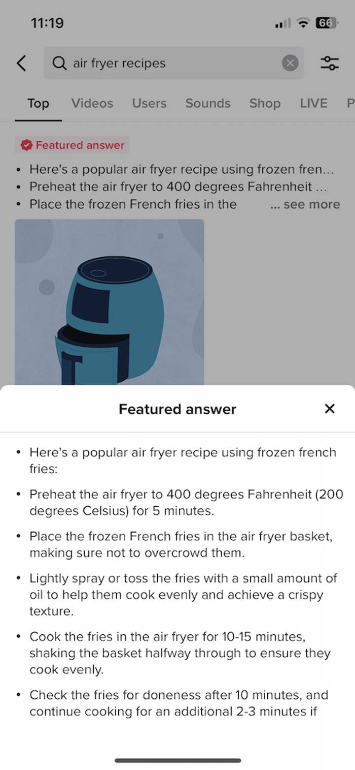 Phone screenshot of an air fryer recipe search with a featured answer giving steps for cooking frozen French fries at 400°F in an air fryer.