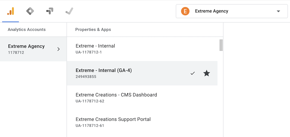 A screenshot of the Google Analytics 4 interface, showing Extreme’s internal properties.