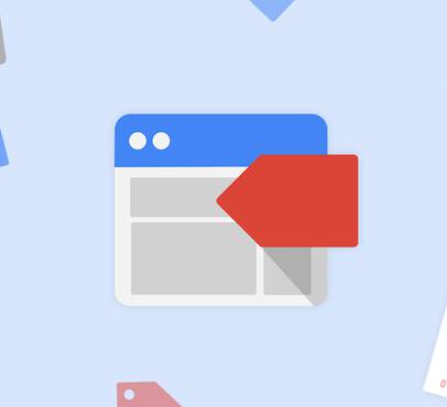 Central web browser icon with red and blue tags around it on a light blue background.