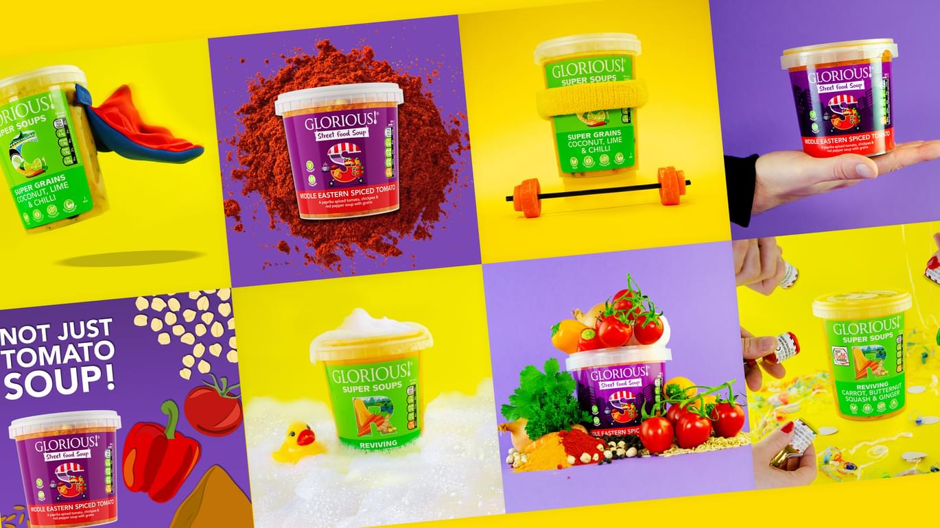 A collection of soups on yellow and purple backgrounds.