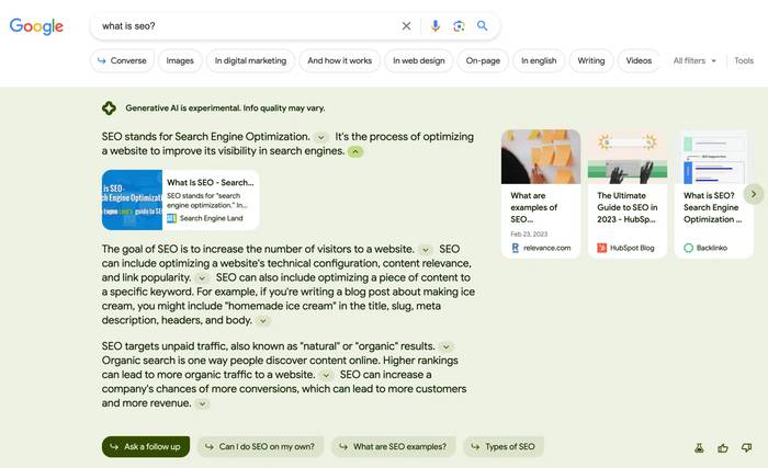 Google's Search Generative Experience showing how arrows can be clicked to reveal more resources.