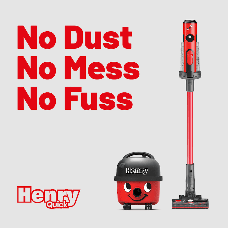 A simple example of ad creative showing the problem solved by Henry Quick vacuum cleaner - dust-free emptying.