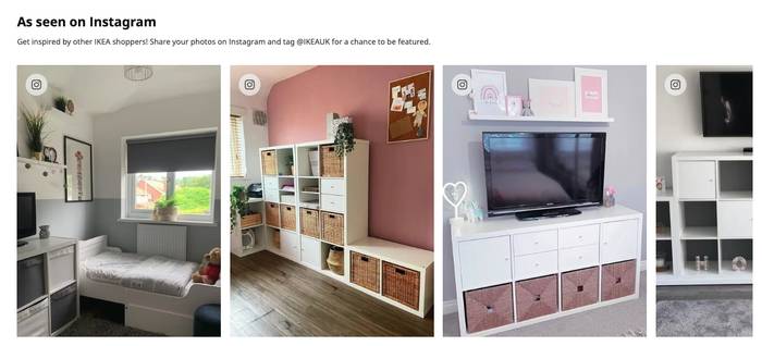 Four IKEA room photos: grey bedroom with single bed, white shelves with wicker baskets on pink wall, TV unit with pink baskets, white cube shelving.