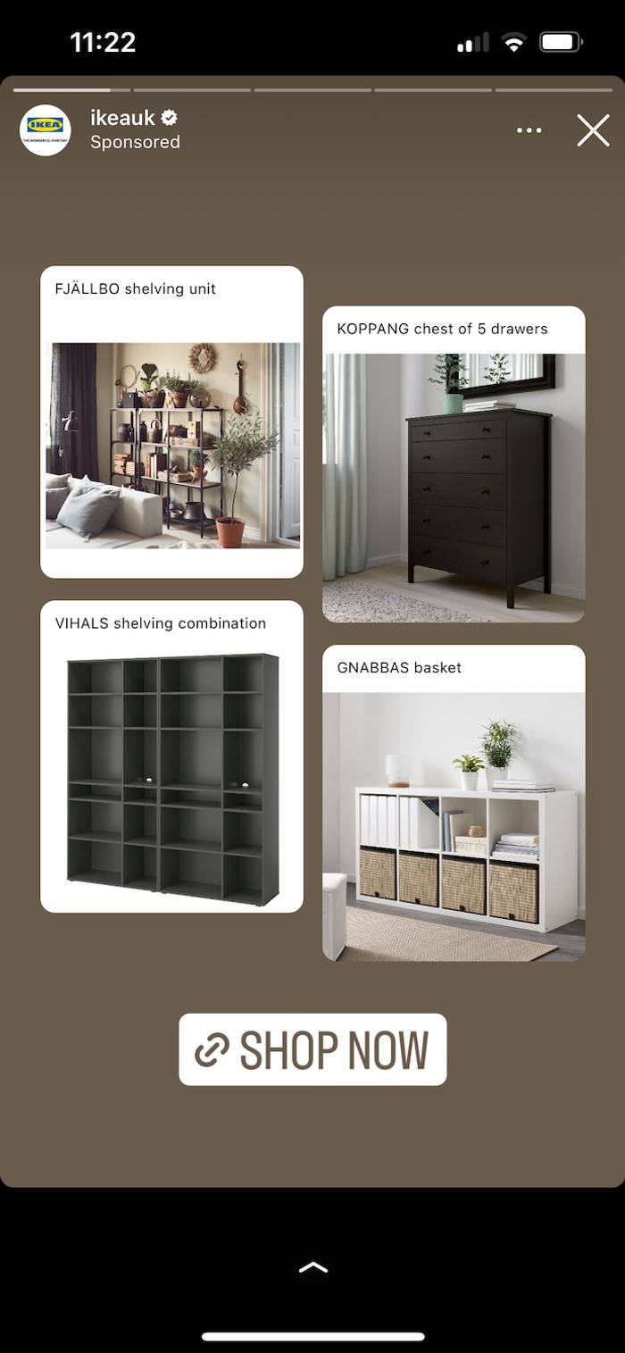 Sponsored IKEA story on a brown background showing FJÄLLBO shelving, KOPPANG 5-drawer chest, VIHALS black shelving and ONABBAS basket unit, with a SHOP NOW button