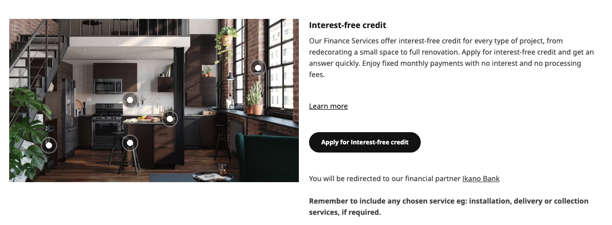 A screenshot of IKEA’s website where they offer interest-free credit.