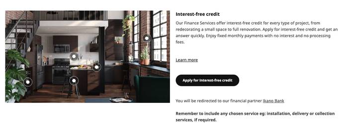 Kitchen with dark cabinets, open shelving and plants beside a promotion for interest-free credit and an Apply button.
