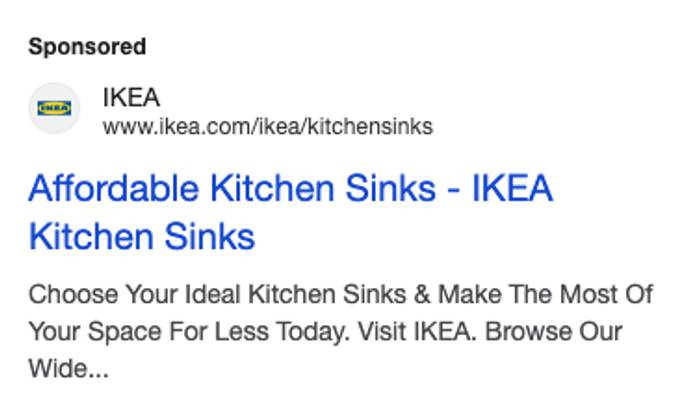 Sponsored search ad from IKEA: Affordable Kitchen Sinks - IKEA Kitchen Sinks, promoting its sink range on ikea.com