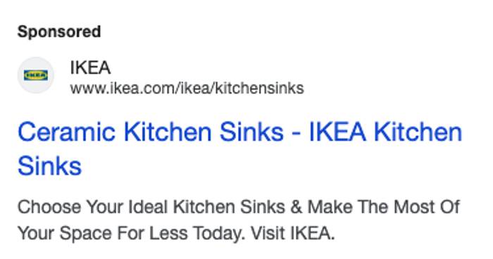 Sponsored IKEA search advert for ceramic kitchen sinks, with the IKEA logo, a blue headline link and promotional text on a white background.