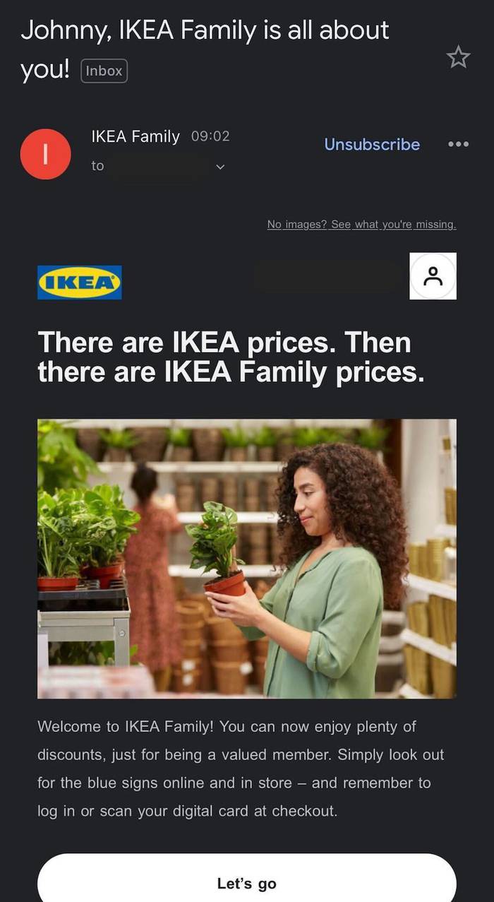 Dark-mode email from IKEA Family: 'There are IKEA prices. Then there are IKEA Family prices.' Above, a person in a green top holds a potted plant in store.