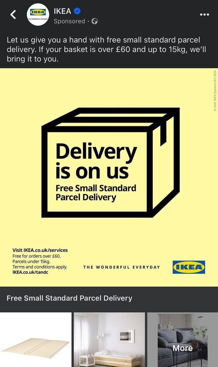 IKEA advert on a yellow background showing a black outline parcel box with the text 'Delivery is on us. Free Small Standard Parcel Delivery' and the IKEA logo.