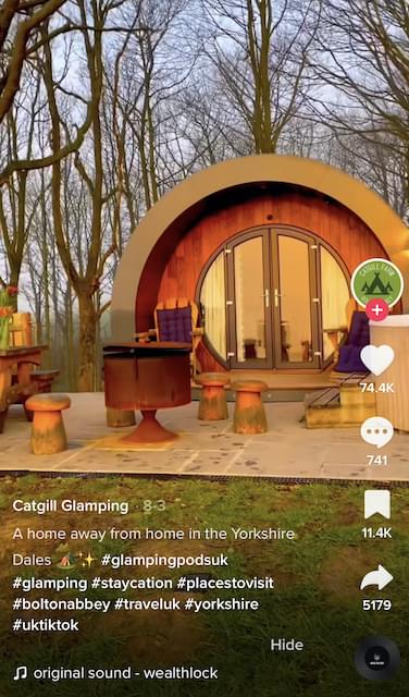 A TikTok screenshot of camping pods using the hashtag Yorkshire