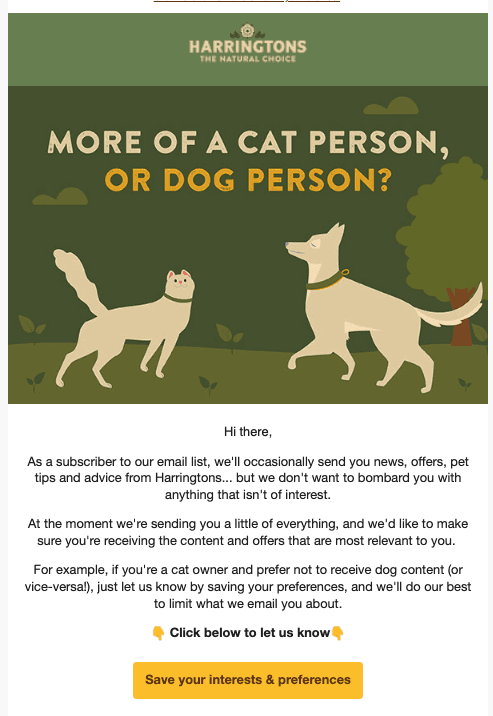 Screenshot of an email from pet brand Harringtons, asking users whether they prefer cats or dogs.