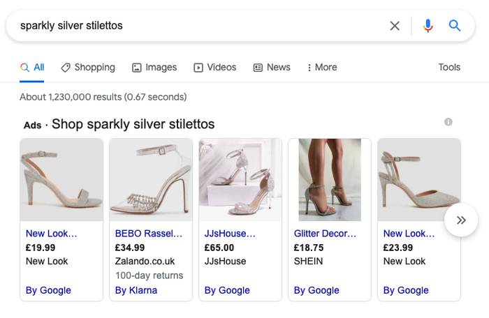 A screenshot of women's shoes available to buy on Google, with Shopping results.