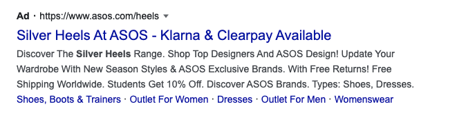 A screenshot of an ASOS Google advert for silver heeled shoes.