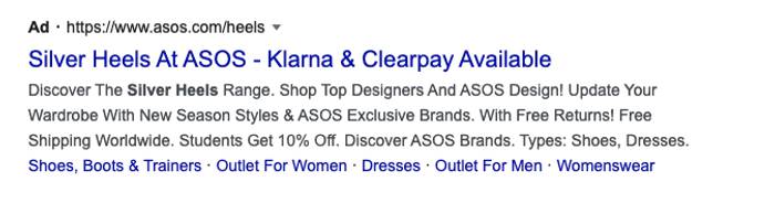 A screenshot of an ASOS Google advert for silver heeled shoes.