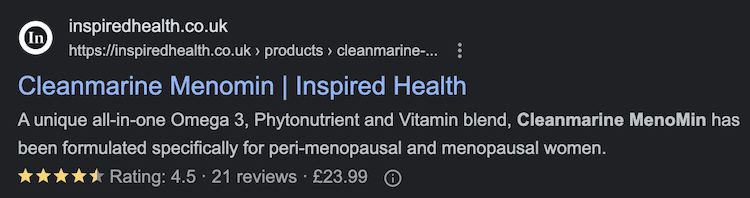 A search result for Inspired Health showing good use of structured data like reviews and price.