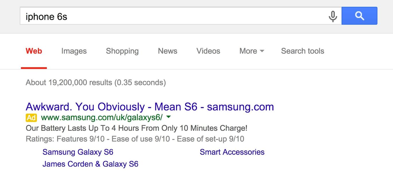 Screenshot of google search advert promoting the Samsung phone when the user searched for the latest Iphone model