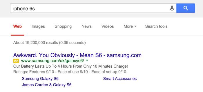 Screenshot of google search advert promoting the Samsung phone when the user searched for the latest Iphone model