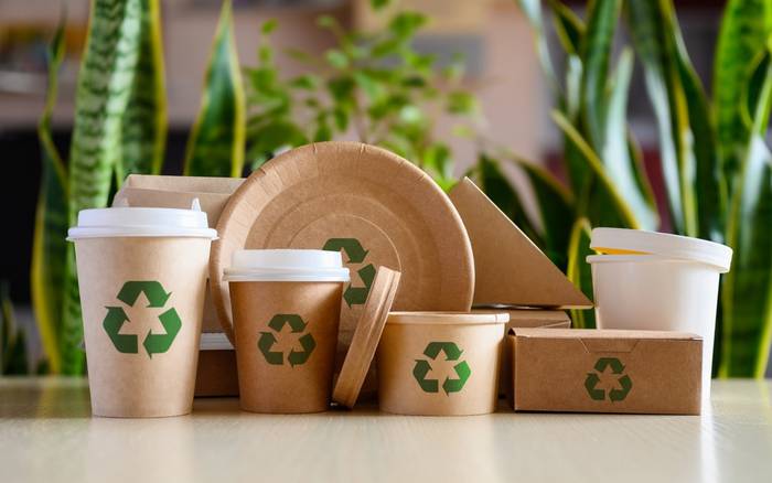 An example of ‘looking green’: cups and food containers designed with use of specific imagery or colours that give the impression of a commitment to eco-friendliness which may not exist.