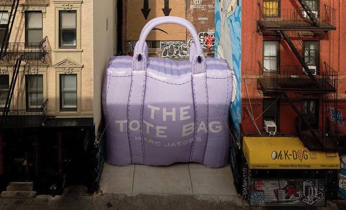 A huge, inflatable Marc Jacobs tote bag installation in Ludlow Street, New York City.