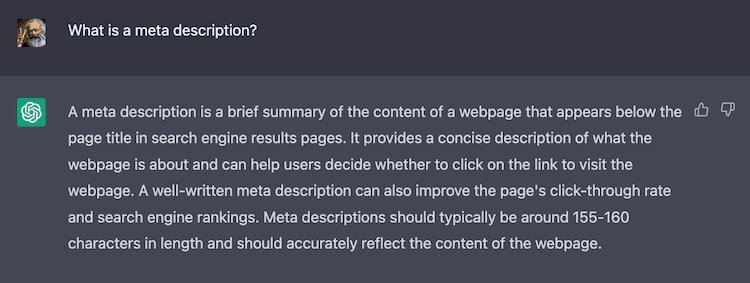 A screenshot of ChatGPT providing an explanation of what a meta description is.