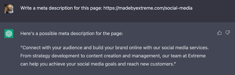 A screenshot of ChatGPT providing a meta description for the social media service page on madebyextreme.com.