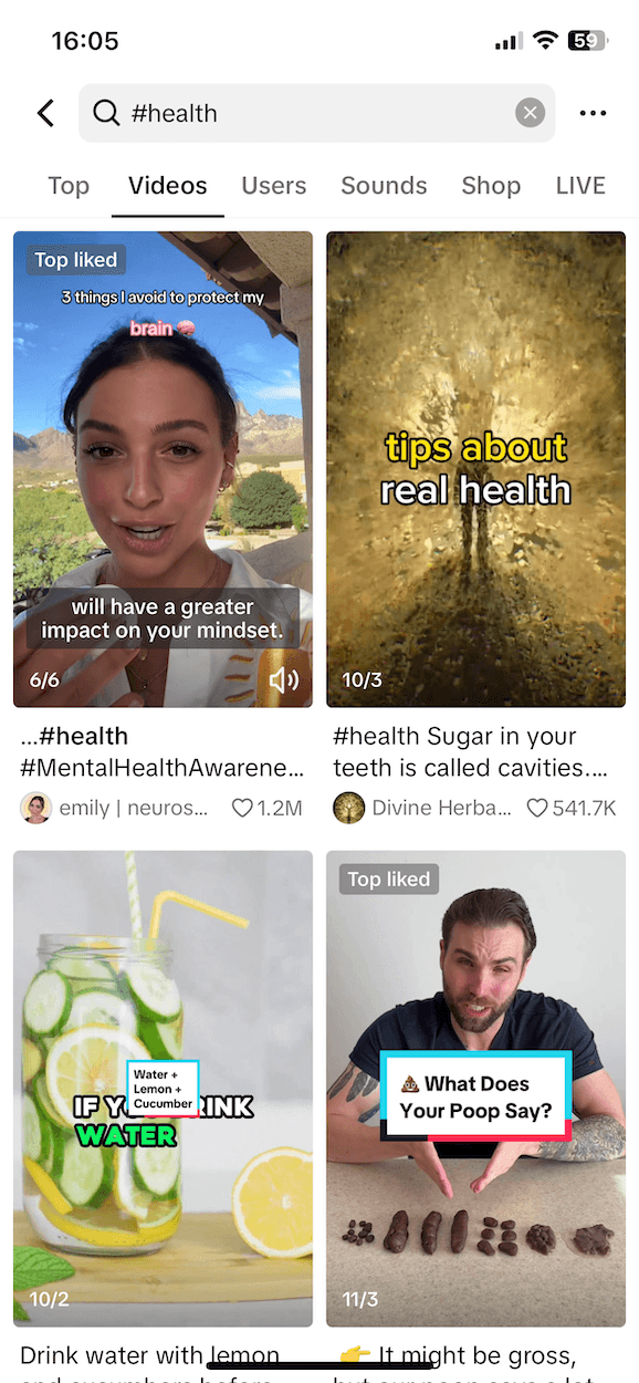 A screenshot of the #health results in TikTok search.