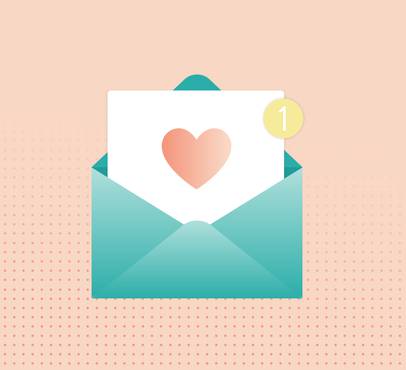 Open envelope with a love letter featuring a heart, and a notification badge with the number one on a pastel pink background.
