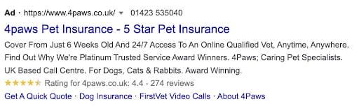 Screen shot of 4paws pet insurance google ad