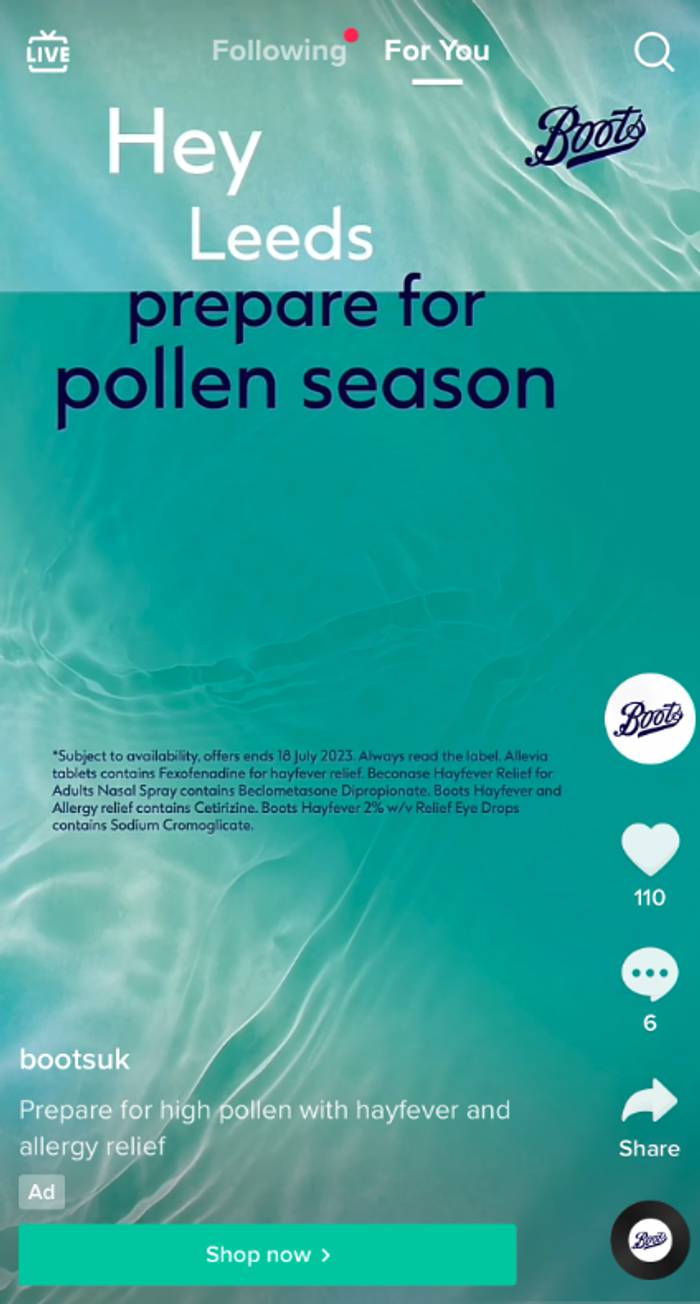 Paid ads on TikTok for The Body Doctor leveraging location and pollen count.