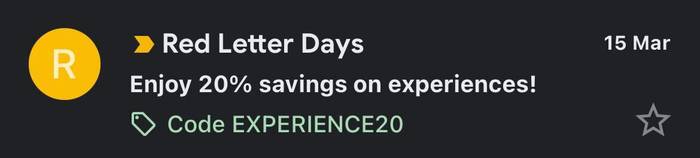 An example of an email from Red Letter Days, making use of an offer code in the preview area.