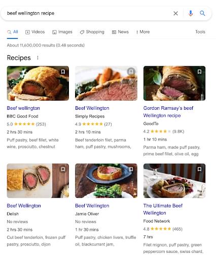 A screenshot of beef wellington recipe search results