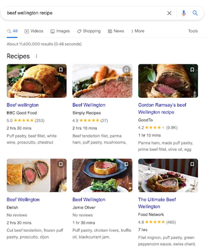 A screenshot of beef wellington recipe search results