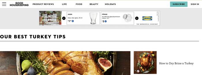 Good Housekeeping webpage with an IKEA advert banner above the heading 'Our Best Turkey Tips', showing a close-up of roast turkey with figs and herbs.