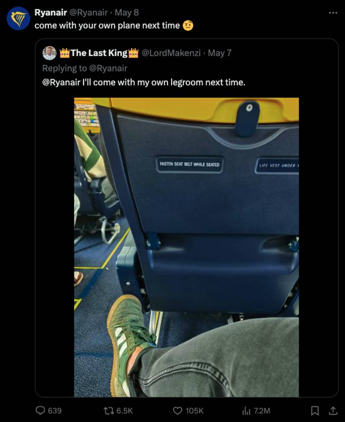 Ryanair's X post mocking a user with a tongue-in-cheek response to their complaint.