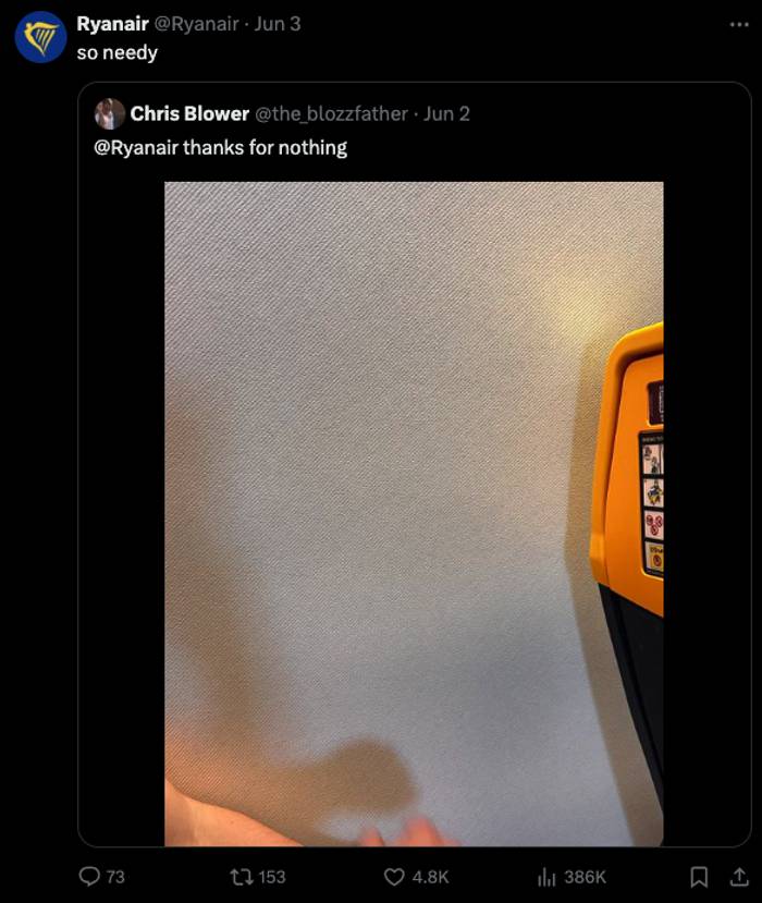 Ryanair's X post mocking a user with a tongue-in-cheek response to their complaint.