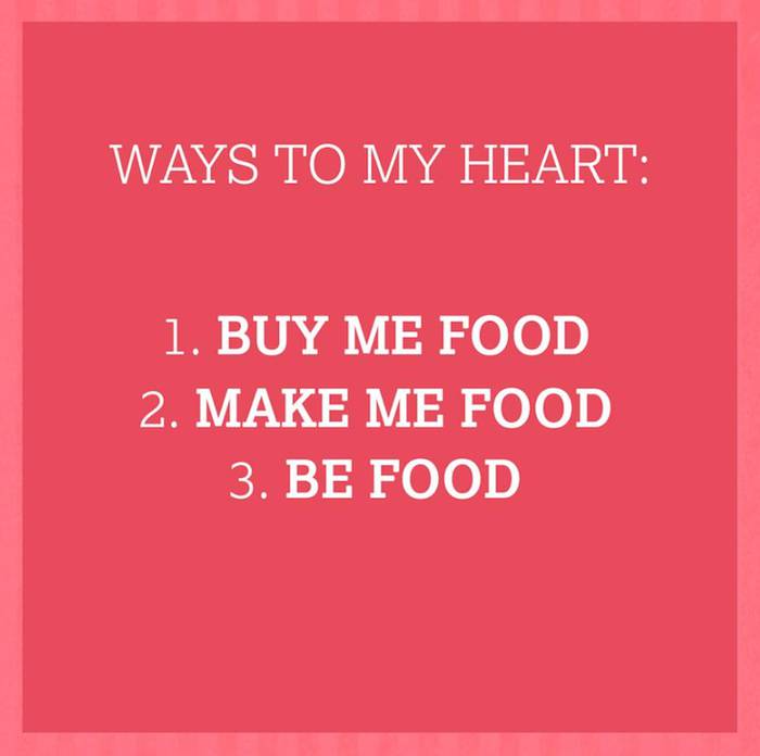 Nisa social media post describing the ways to someones heart: 1.Buy me food, 2.Make me food, 3.Be food on pink background