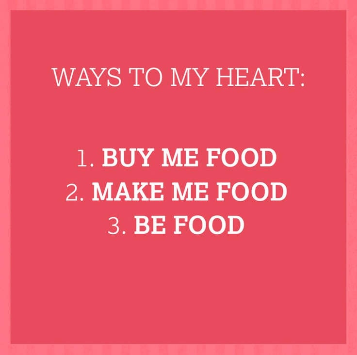 Nisa social media post describing the ways to someones heart: 1.Buy me food, 2.Make me food, 3.Be food on pink background