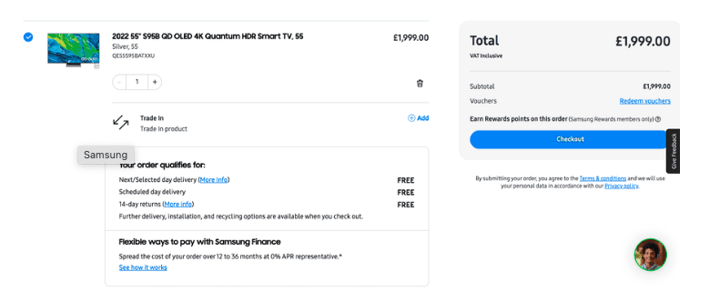 Samsung’s checkout page, showing clarity over products being ordered and simplicity in design.