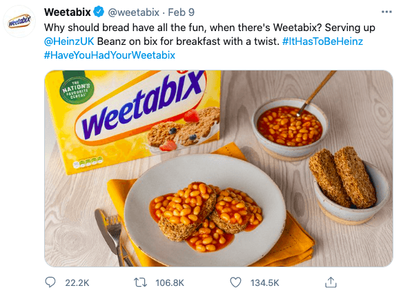 A screenshot of a viral weetabix tweet showing beans as a topping on top of weetabix breakfast cereal.