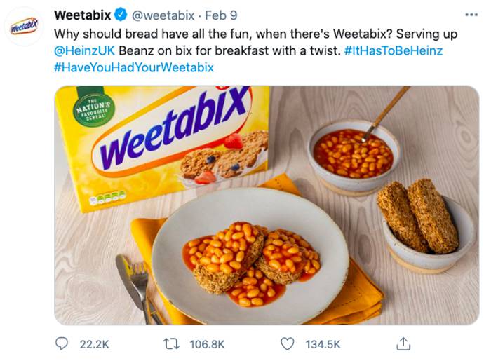 A screenshot of a viral weetabix tweet showing beans as a topping on top of weetabix breakfast cereal.